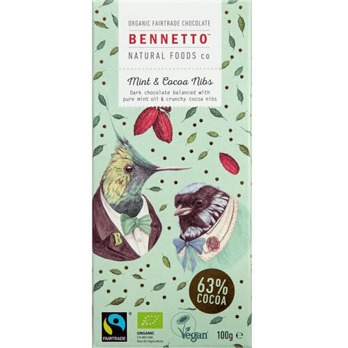 Organic Fairtrade Chocolate - 100g - Bennetto - Mint and Cocoa Nibs