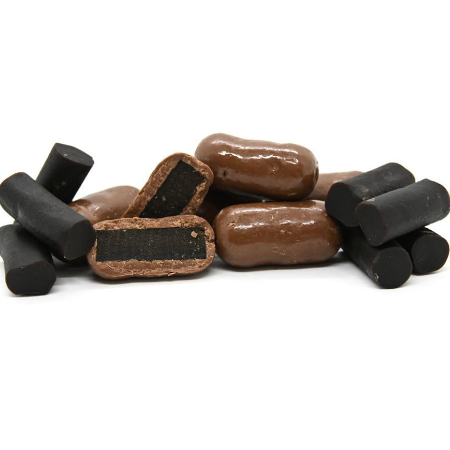 Jumbo Licorice Bullets - Milk Choc 150g tub -