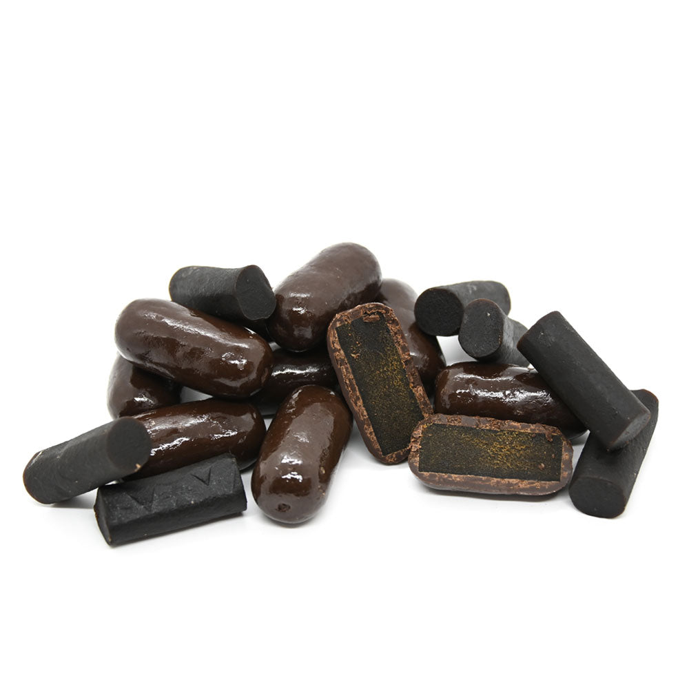 Jumbo Licorice Bullets - Dark Choc 150g tub -